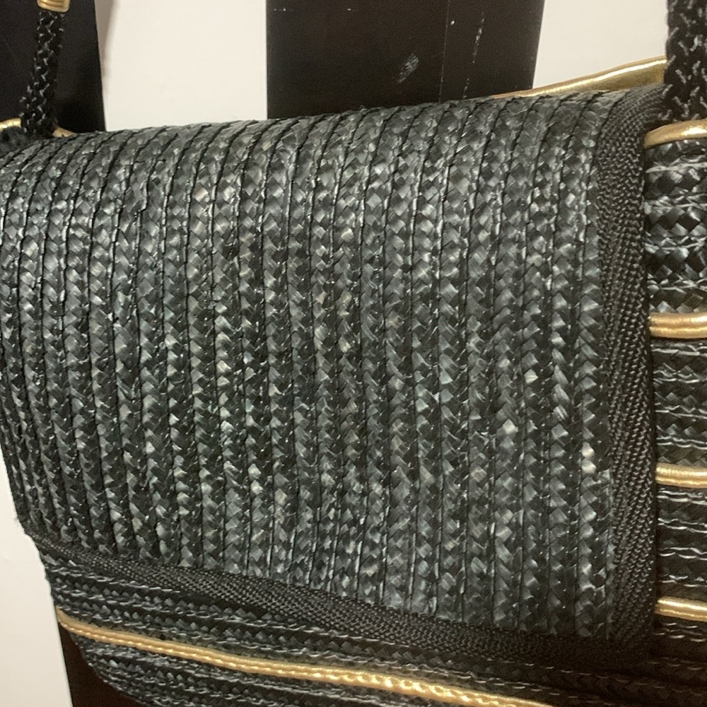Vintage Black/Gold Woven Straw Bag Purse Pocketbook Coastal Nautical Beach Bag - Picture 16 of 16